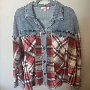 Mixed material flannel shirt.  Size is large but oversized so can fit up to 2x